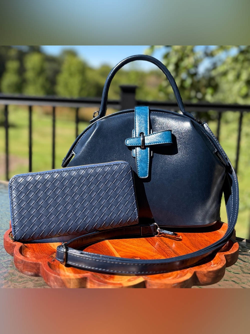 Doctor Bag Vintage-Style Blue Vegan Leather Top Handle Purse & Wallet Set